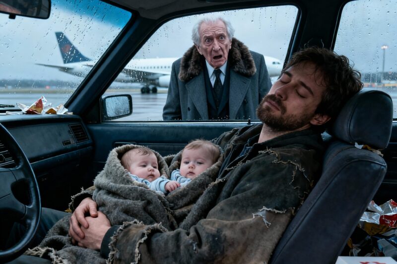 At the airport parking lot, I found my son sleeping in his car with his twins. I asked, “Where is the $150K I invested in your startup?” He broke down. “My wife and her family took everything and claimed I’m mentally unstable.”