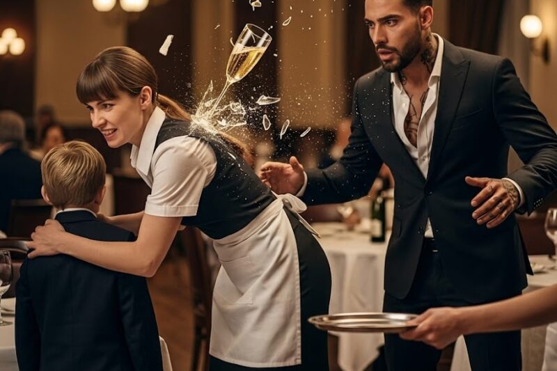 Poor waitress throws herself over the mafia boss’s son — the glass shatters on her back