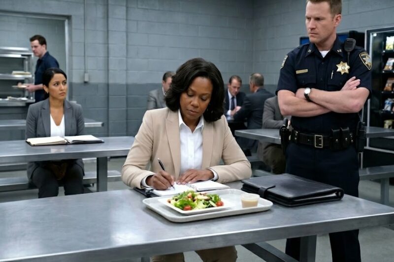 A police officer attempted to arrest a woman in the courthouse cafeteria.