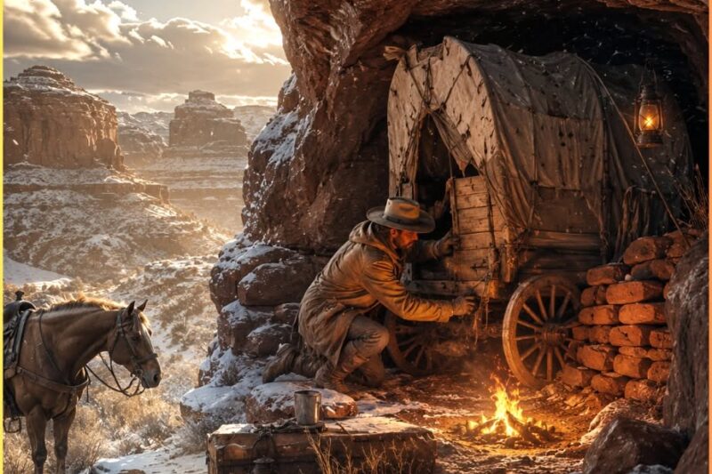 He Pulled a Wrecked Wagon Into a Rock Hollow and Sealed Every Gap — The Blizzard Never Touched Him