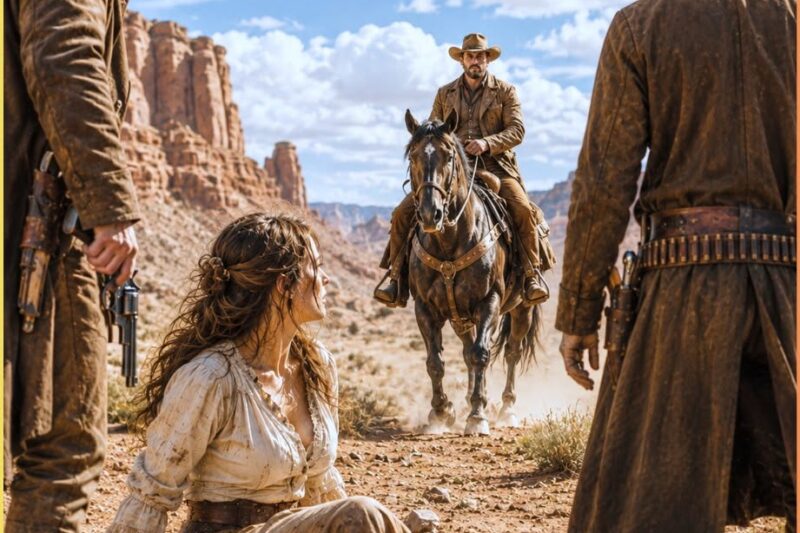 Three Outlaws Had Her Cornered in the Dust—He Rode Over the Ridge and Said “My Ranch Is an Hour North. You’re Coming With Me.”
