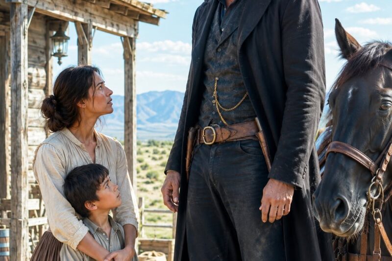 A struggling widow watched a giant stranger dismount — Then he said she’d carry his son by winter
