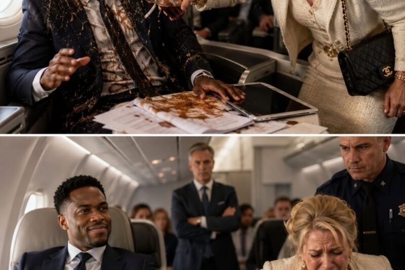 An arrogant woman poured soda all over my documents in first class, threatening to use her husband’s money to ruin my career. I didn’t argue or lose my temper. I simply smiled and waited for the plane to land, because I was about to tell her news that would change her life forever…