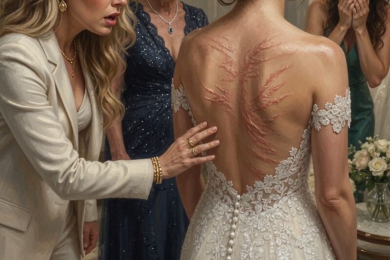 At the bridal boutique, my younger sister stepped out wearing her wedding gown. But when the seamstress eased the zipper down, my heart froze. Fresh dark bruises covered her back.