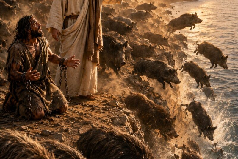 Why did the pigs throw themselves off the cliff after Jesus cast out the demons from the Gadarene man?