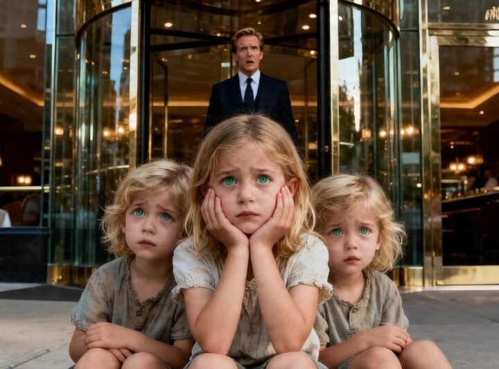 HUNGRY TRIPLETS THROWN OUT OF LUXURY RESTAURANT — BILLIONAIRE FINDS THEM ON STREET AND FREEZES